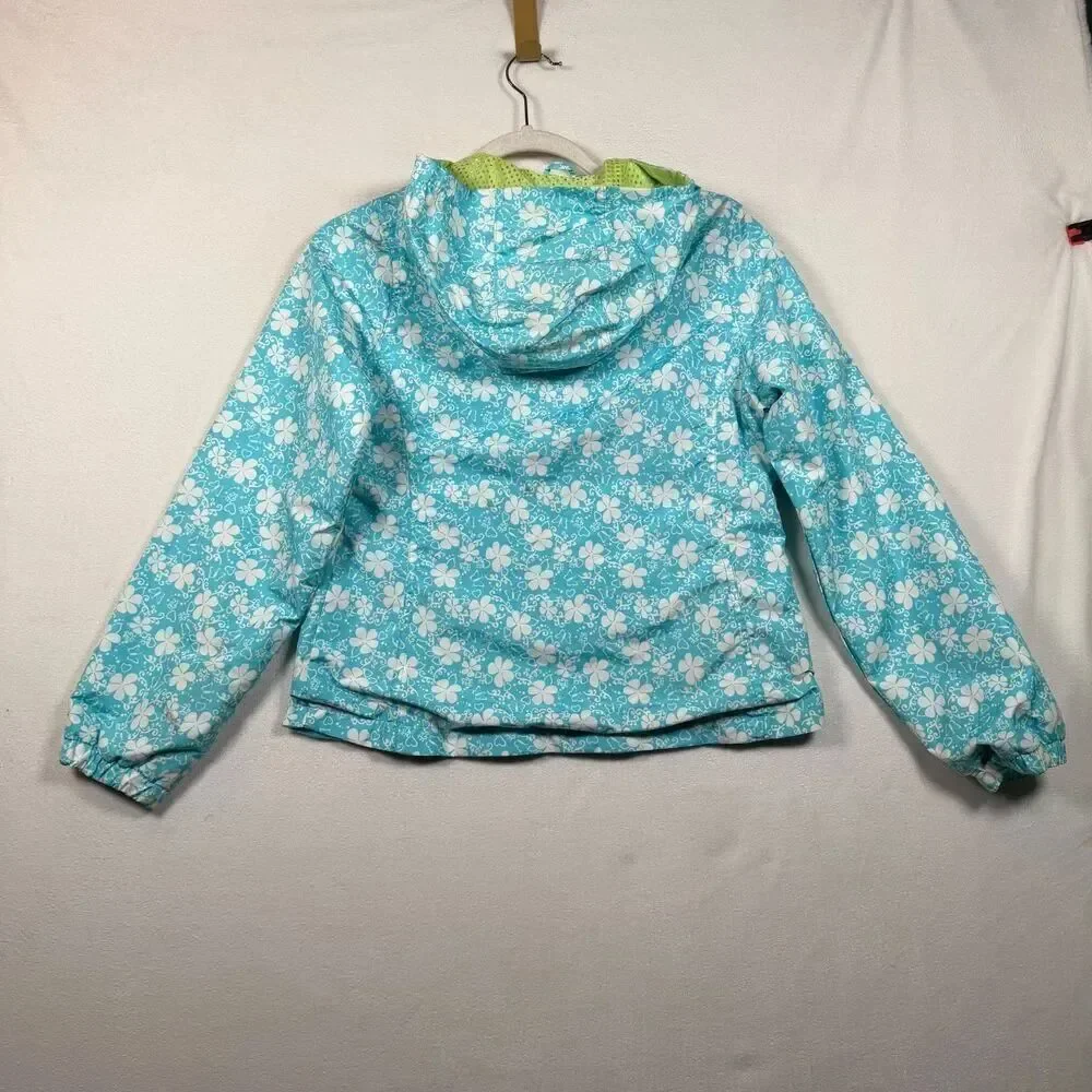 London Fog Girls Hooded Windbreaker Jacket Blue Floral Mesh Lined Size 14/16